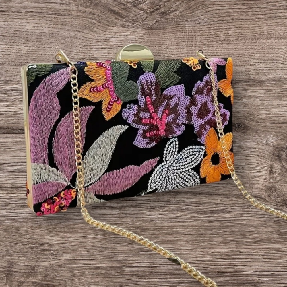 Floral Sequin Clutch with Gold Chain - Picture 3 of 9